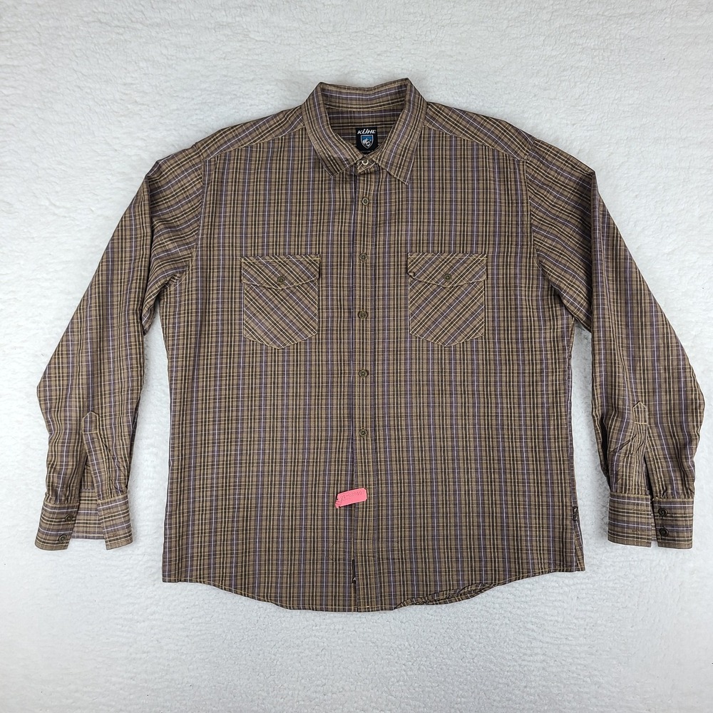 KUHL Shirt Men XL Brown Blue Plaid Viscose Polyester Flap Pocket Dress Button Up